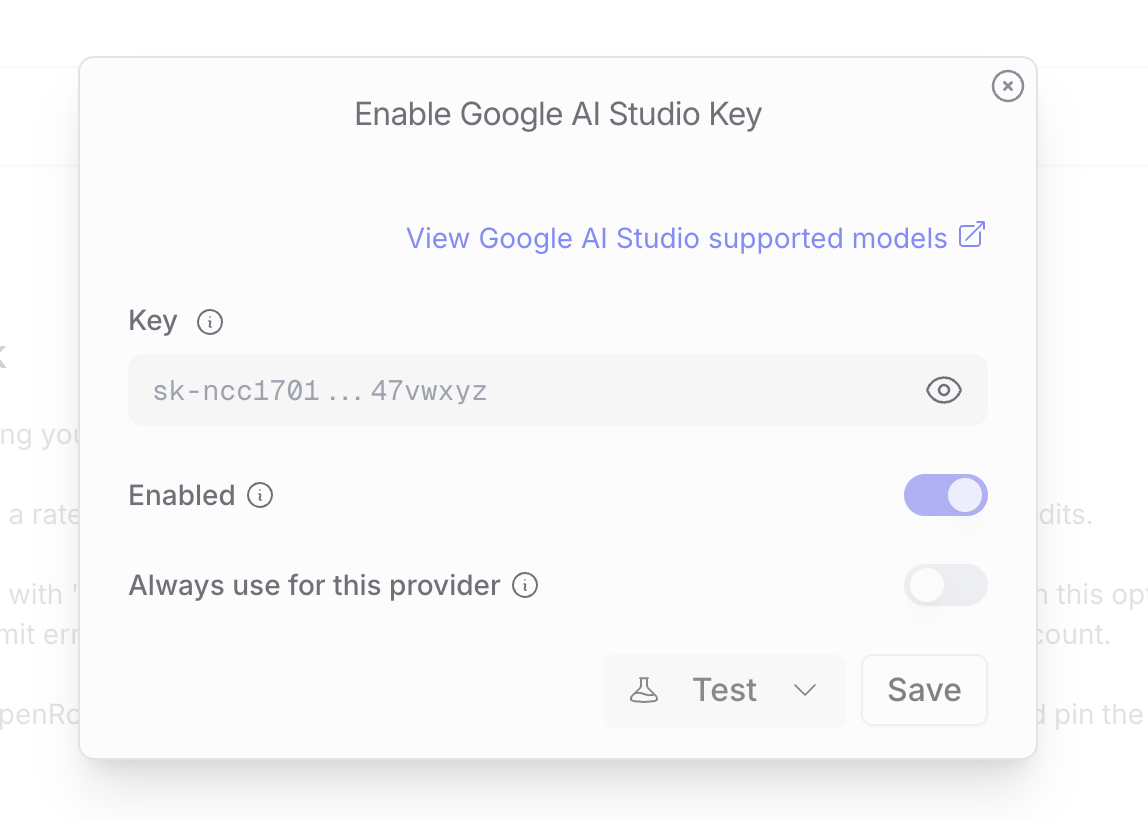 OpenRouter provider key configuration example (Google AI Studio key)