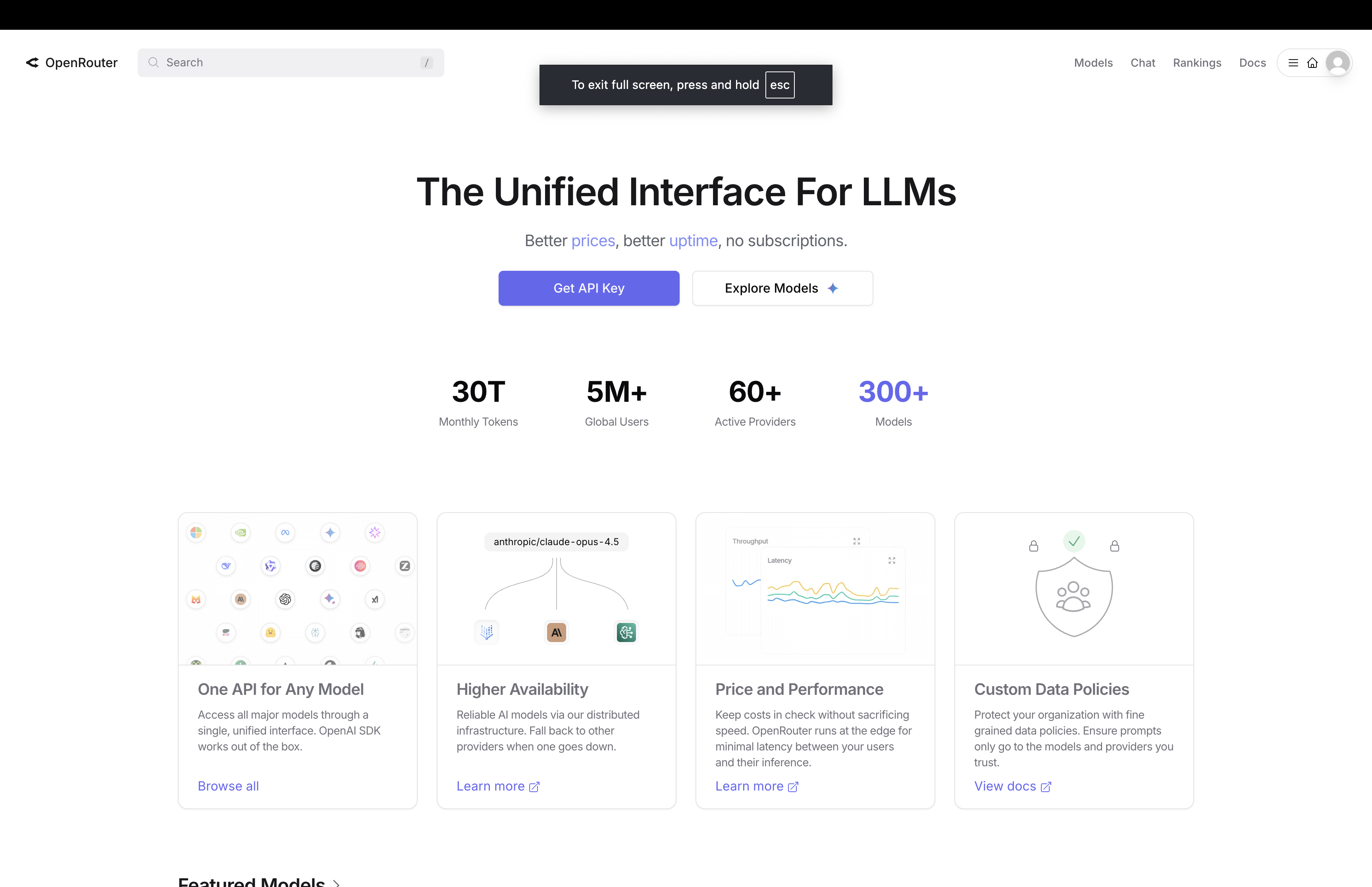 OpenRouter home page with Get API Key entry point
